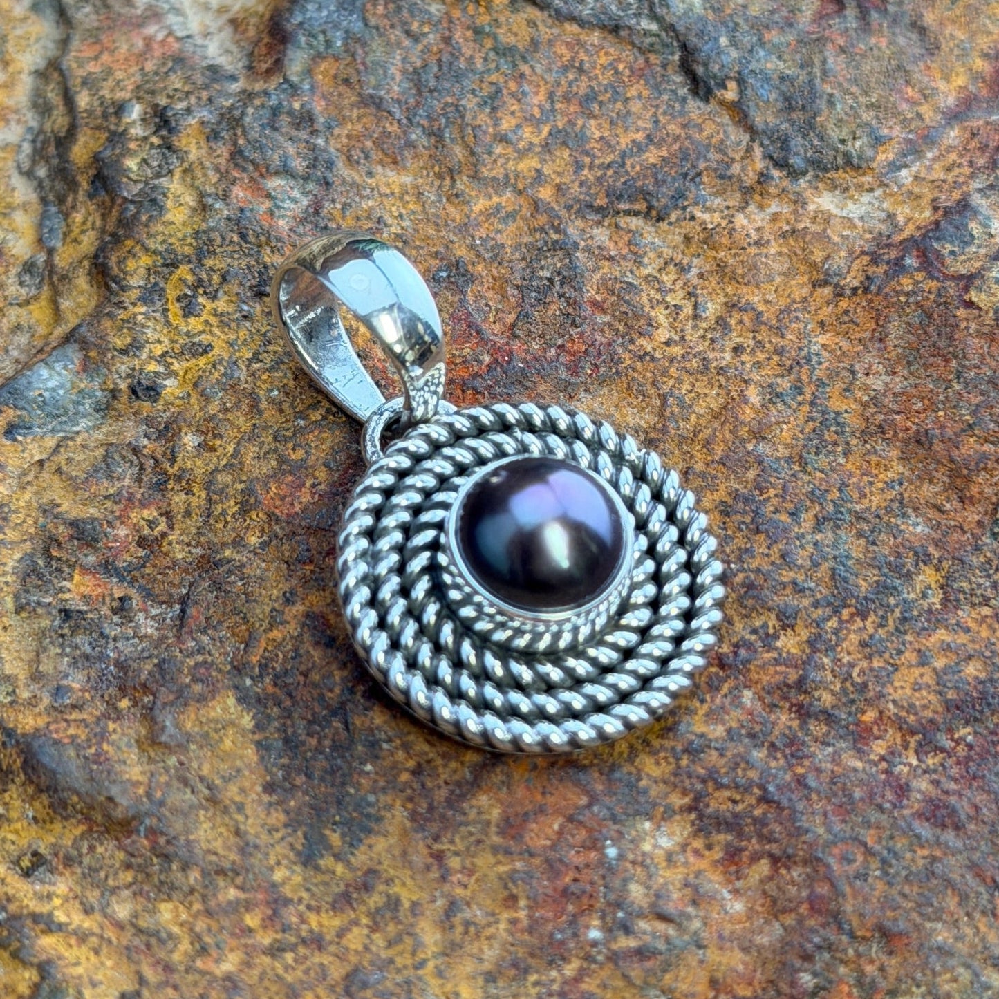 Sterling Silver Dark Grey Pearl Pendant by Artie Yellowhorse