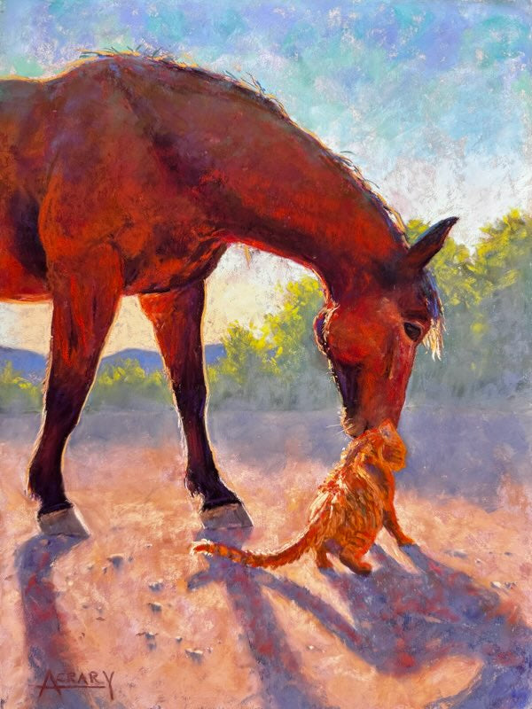 An impressionistic painting of a reddish-brown horse bending down to nuzzle or kiss a small orange cat on a sunlit dusty ground, with blue sky and greenery in the background.