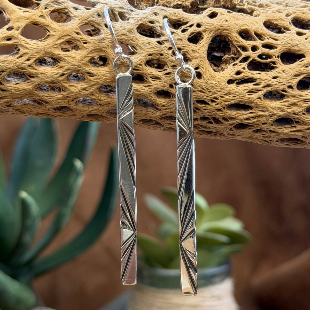 Contemporary thin rectangle earrings with rectangle designs by artie yellowhorse 