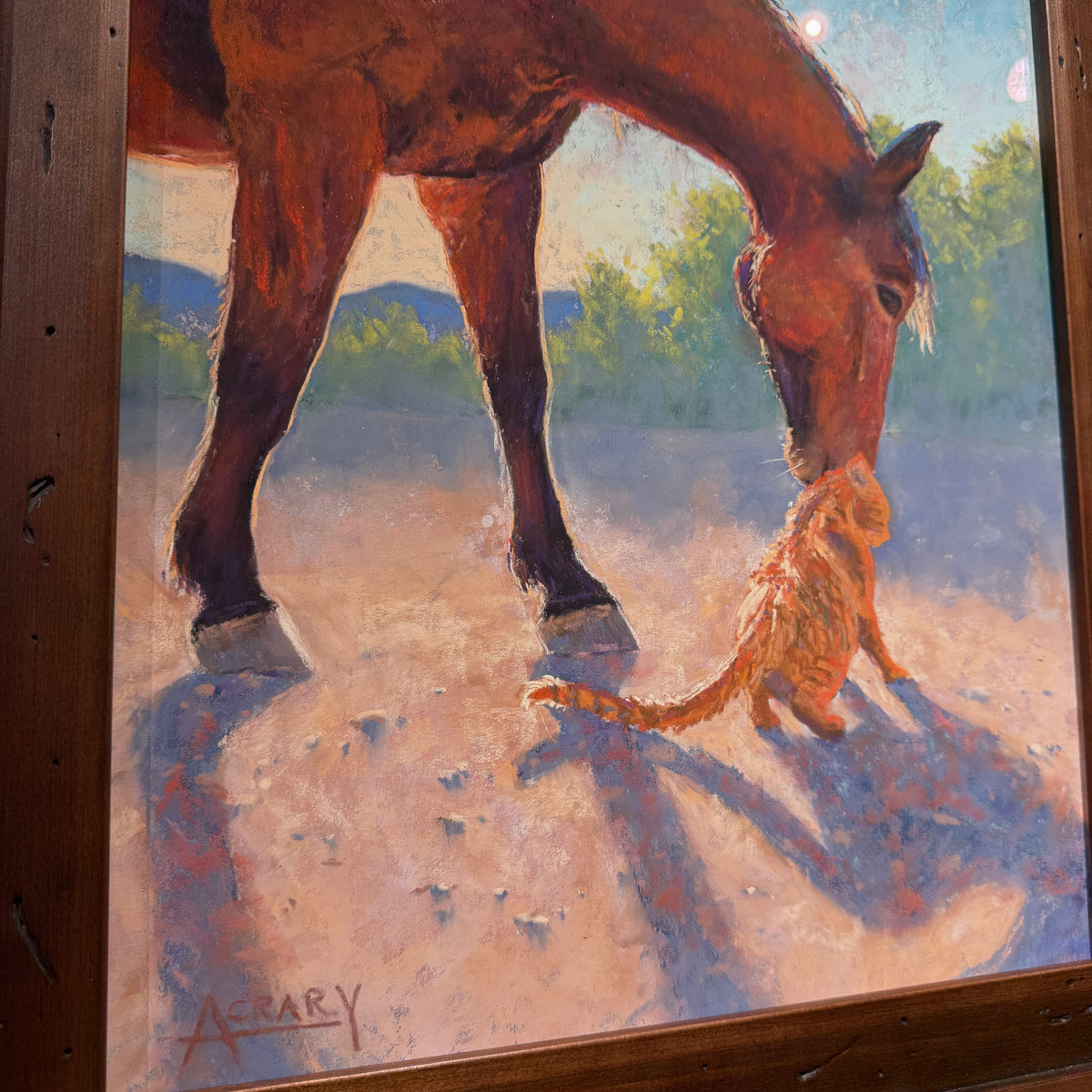 A framed painting depicting a brown horse bending down to an orange cat in a sunlit outdoor scene, with visible wooden frame edges and a signature in the lower left.