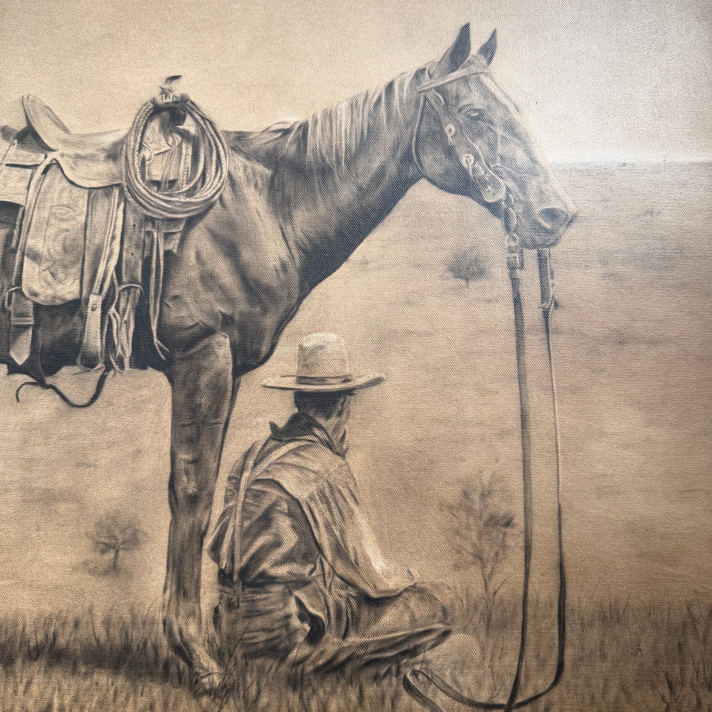 Artistic depiction of a cowboy sitting next to a horse with a saddle, in a sepia-toned style.