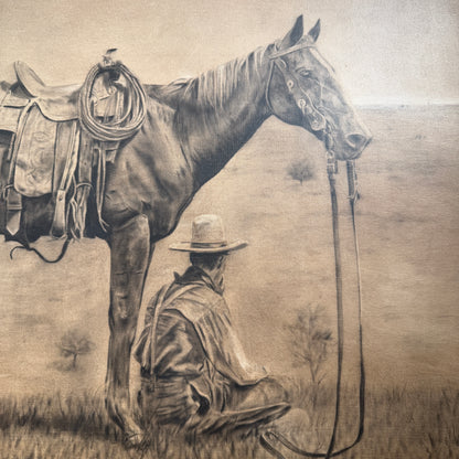 Artistic depiction of a cowboy sitting next to a horse with a saddle, in a sepia-toned style.