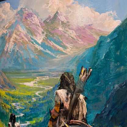 Painting of a warrior with a bow and arrow standing on a mountain peak, looking over a valley.