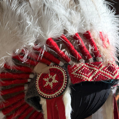 Close-up of a headdress with red and white patterns and feathers