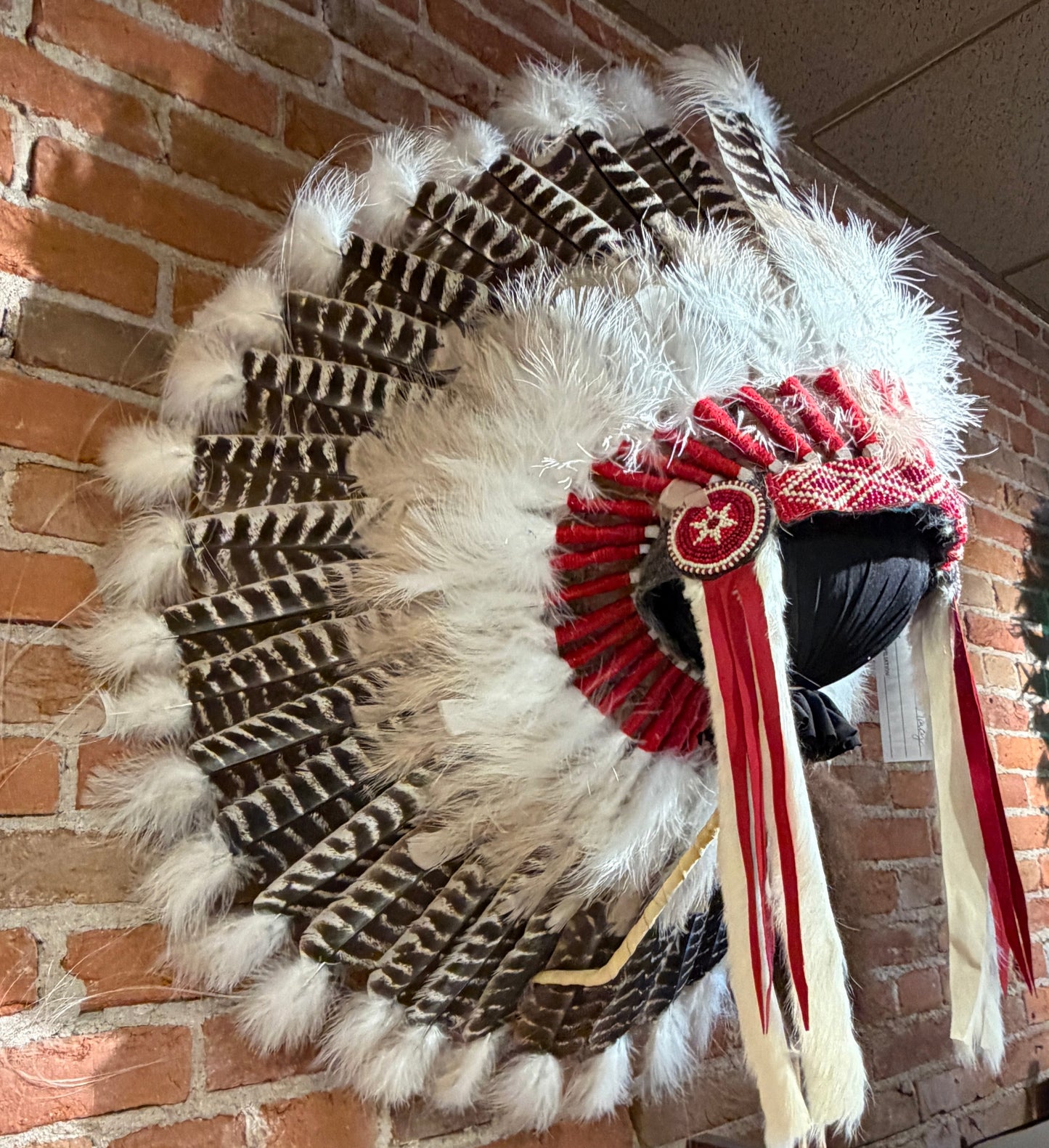 Feathered headdress with red accents against a brick wall