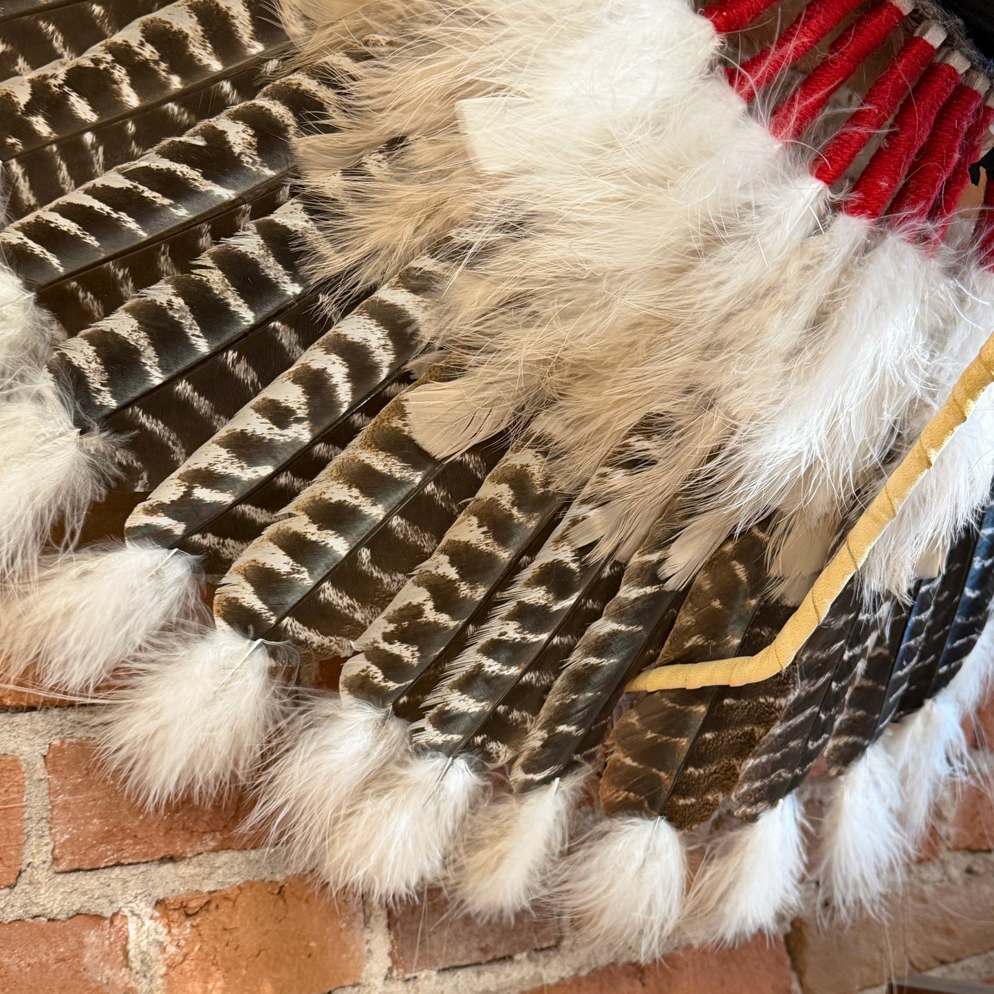 Feathered product with a brick background
