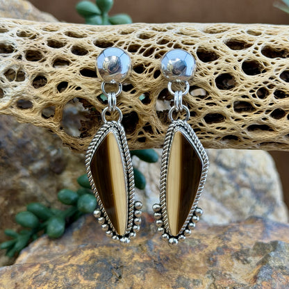 A pair of silver dangle earrings with elongated teardrop-shaped brown and cream striated cabochon, set in silver rope setting. Finished off with silver drops that hug the bottoms. hanging from a decorative natural wood branch over rocks.