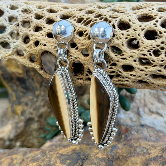 A pair of silver dangle earrings with elongated teardrop-shaped brown and cream striated cabochon, set in silver rope setting. Finished off with silver drops that hug the bottoms. hanging from a decorative natural wood branch over rocks.