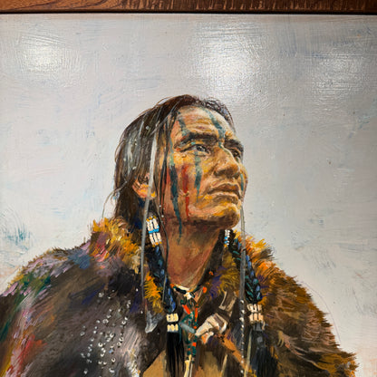 Artistic depiction of a Native American figure with intricate details on a textured background