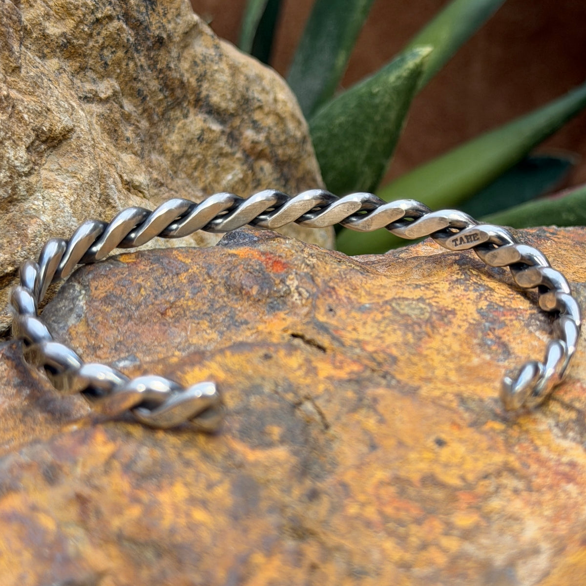 Verna Tahe sterling silver braided rope cuff with TAHE hallmark