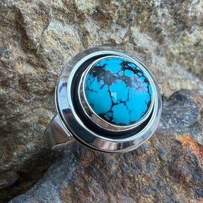 Chinese Turquoise Ring by Artie Yellowhorse - top view showing round turquoise cabochon with dark matrix