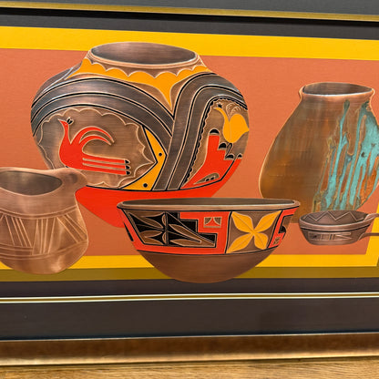 Decorative painting of various pots with intricate designs on a striped background