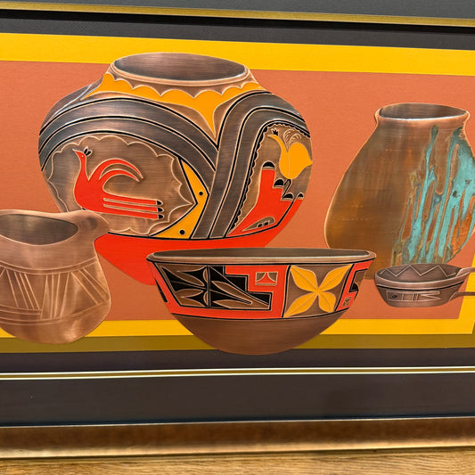 Decorative painting of various pots with intricate designs on a striped background