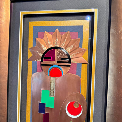 Abstract art piece with geometric shapes and a prominent circular design.