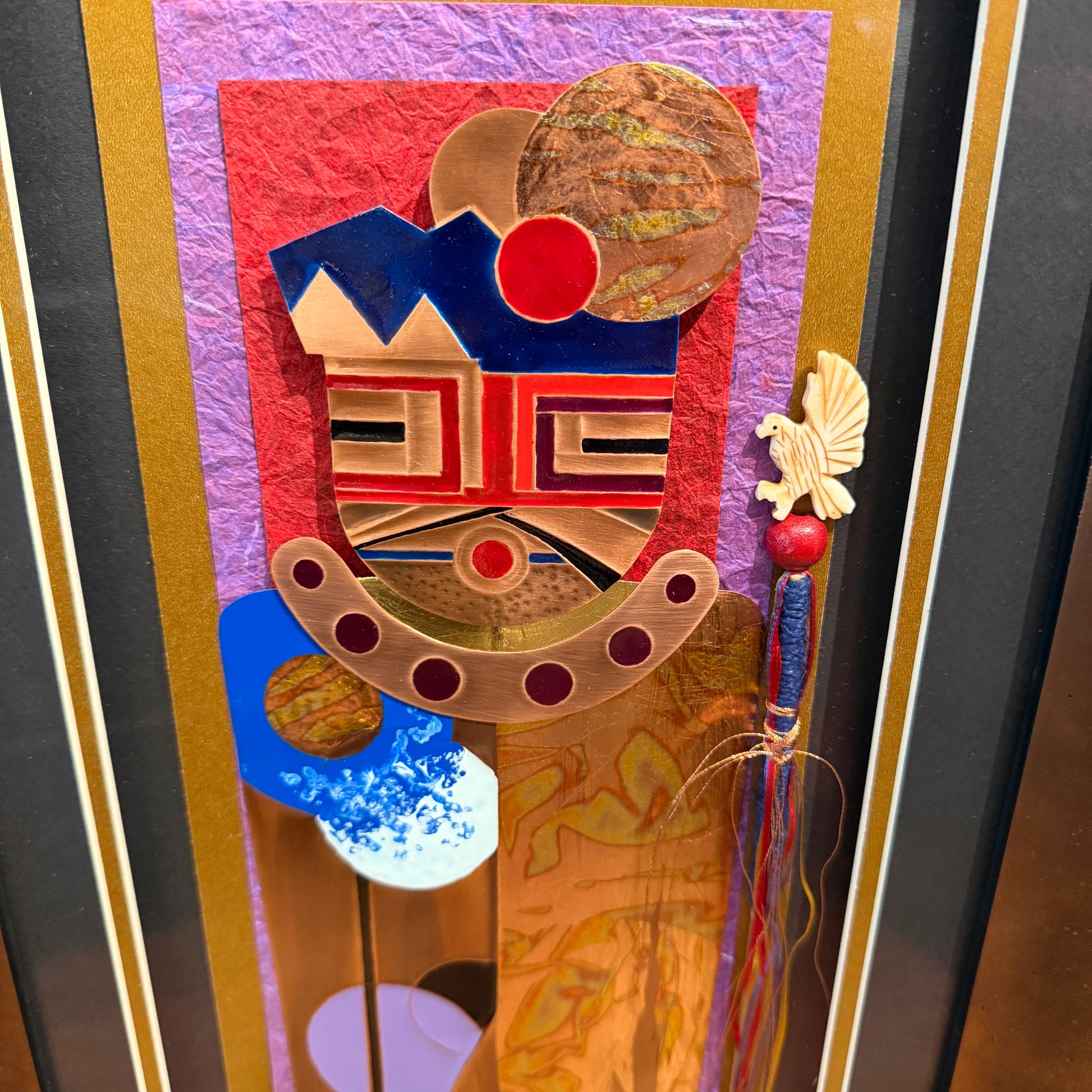 Colorful abstract art piece with geometric shapes and a bird-like figure on a textured background.