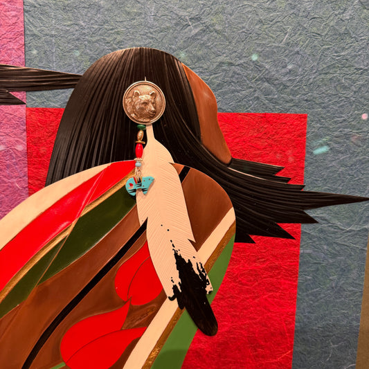 Artistic depiction of a person with long hair and a decorative headpiece against a textured background.