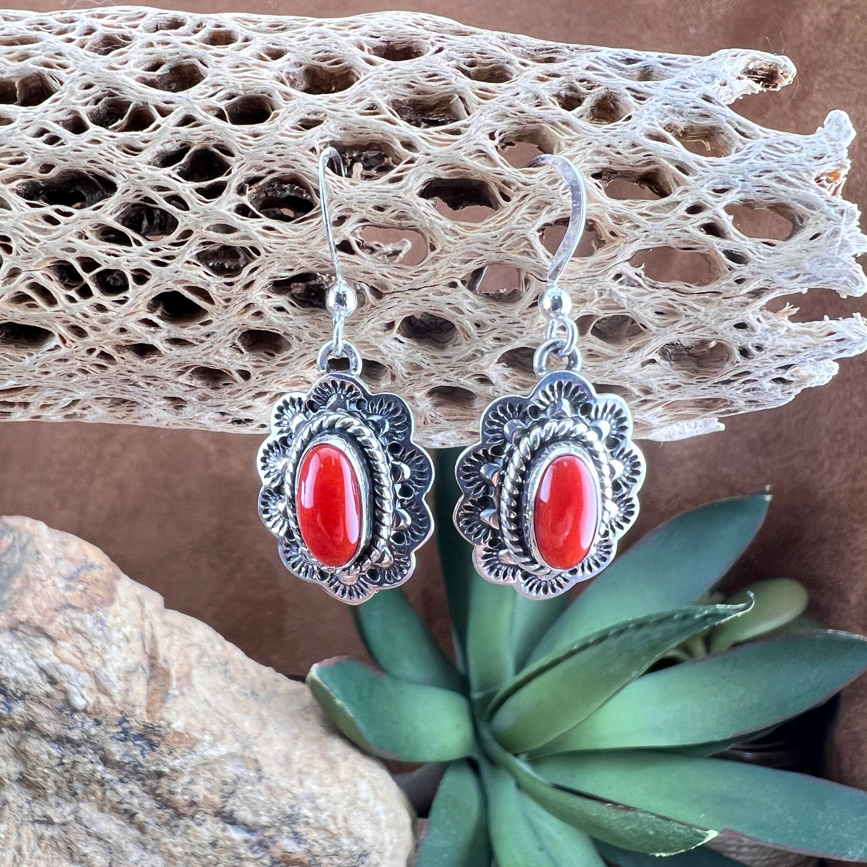 Kevin Ramone Coral Stamped Sterling Silver Dangle Earrings | Black