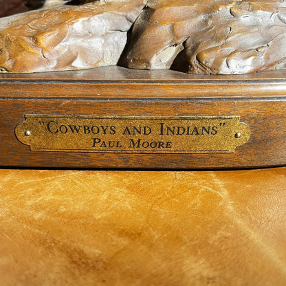 Wooden box with 'Cowboys and Indians' and 'Paul Moore' label 