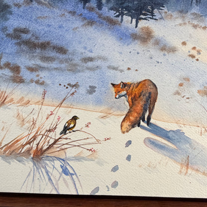 Watercolor painting of a fox and a bird in a snowy landscape
