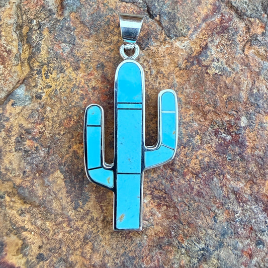 David Rosales Arizona Blue Inlaid Sterling Silver Pendant Cactus