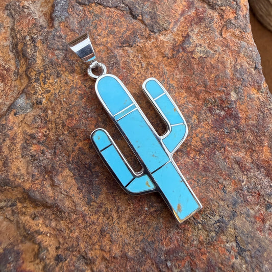David Rosales Arizona Blue Inlaid Sterling Silver Pendant Cactus