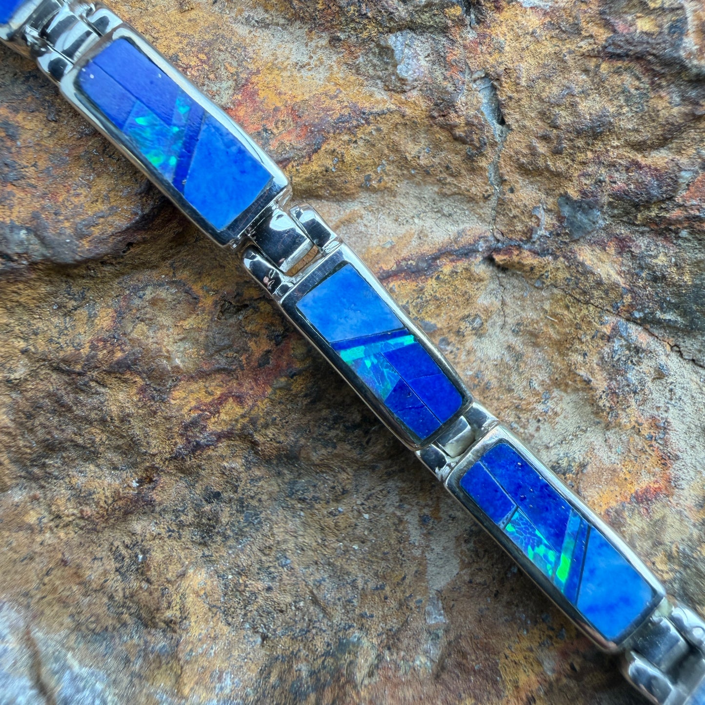 David Rosales Fancy Blue Sky Inlaid Sterling Silver Link Bracelet