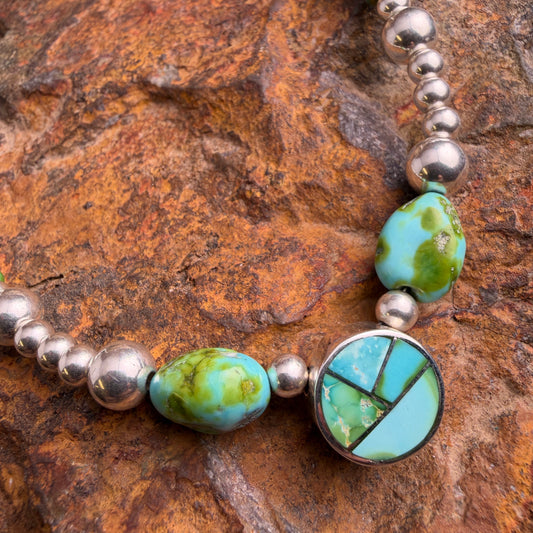 Sterling silver Necklace with turquoise nuggets and inlaid turqouise centerpiece