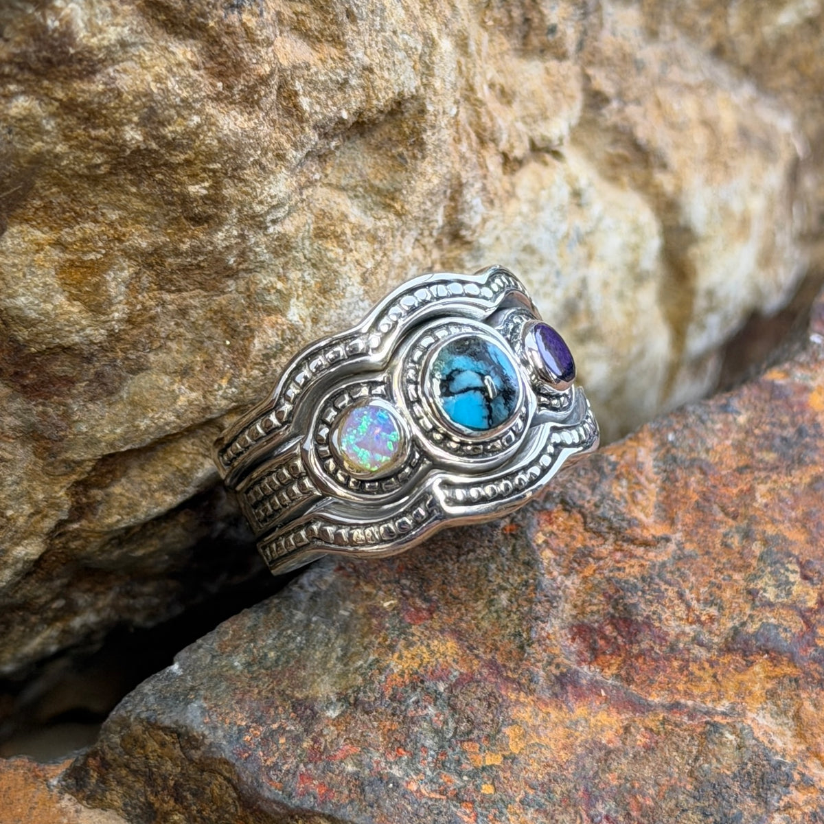 David Rosales Shalako Collection Campitos Turquoise 3-Band Sterling Silver Ring