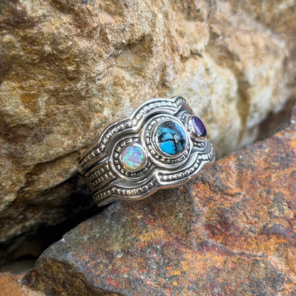 David Rosales Shalako Collection Campitos Turquoise 3-Band Sterling Silver Ring
