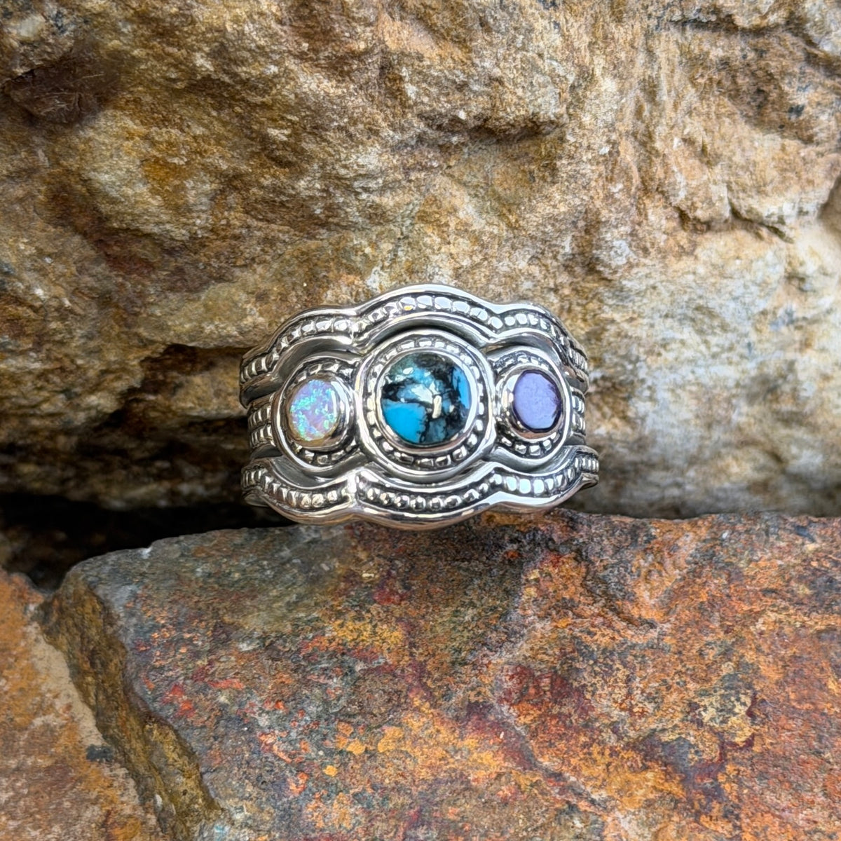 David Rosales Shalako Collection Campitos Turquoise 3-Band Sterling Silver Ring