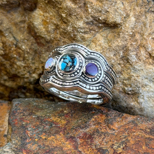 David Rosales Shalako Collection Campitos Turquoise 3-Band Sterling Silver Ring