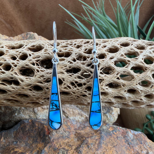 Blue teardrop earrings on a textured stone surface with a plant in the background