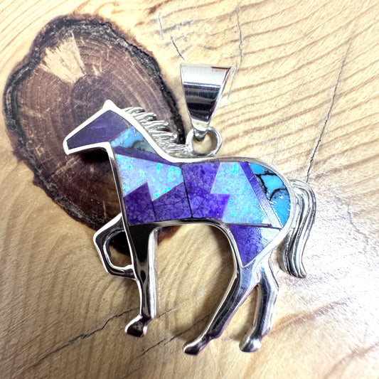 David Rosales Shalako Inlaid Sterling Silver Pendant Horse