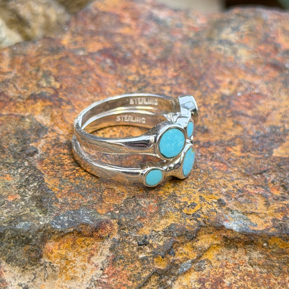 Layered two-piece sterling silver ring set with round Kingman turquoise stones