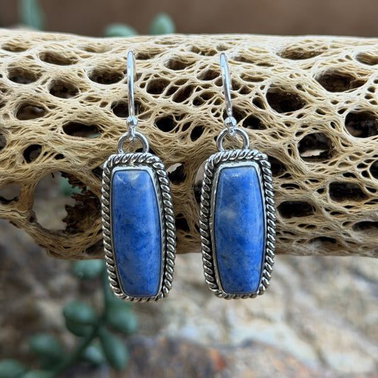 A pair of rectangular blue stone drop earrings with silver rope-textured borders and silver fishhook wires, displayed on a decorative tan driftwood piece.