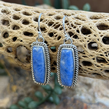 A pair of sterling silver rectangular earrings with rectangular blue stone cabochons displayed on a natural driftwood branch with a blurred outdoor background.