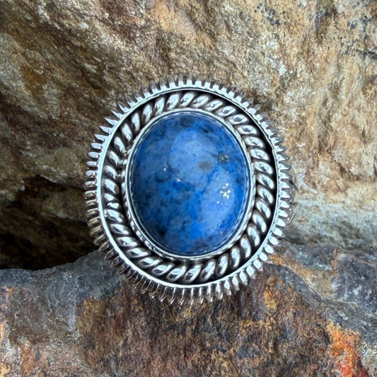 Denim Lapis Ring by Artie Yellowhorse - top view showing oval blue cabochon and rope silverwork