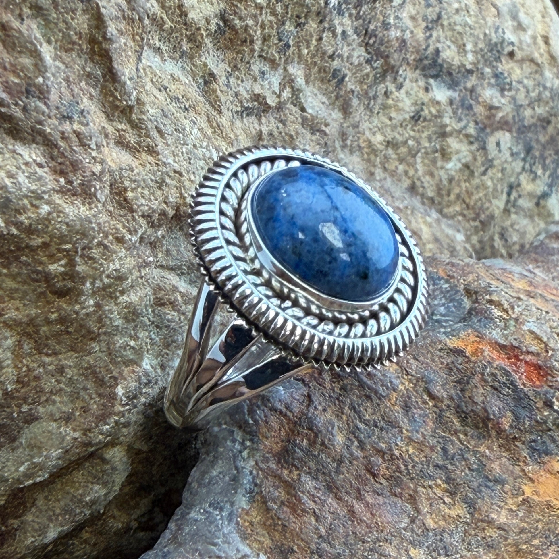 Denim Lapis Ring by Artie Yellowhorse - front view of oval Denim Lapis cabochon in sterling silver