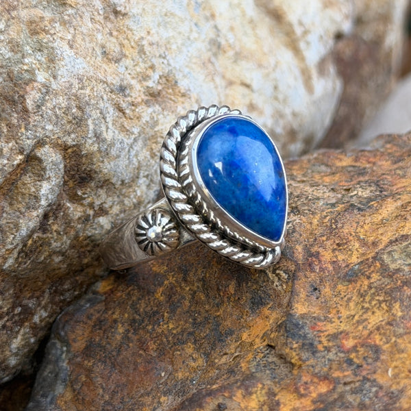 Denim Lapis Teardrop Sterling Silver Ring by Artie Yellowhorse, angled view