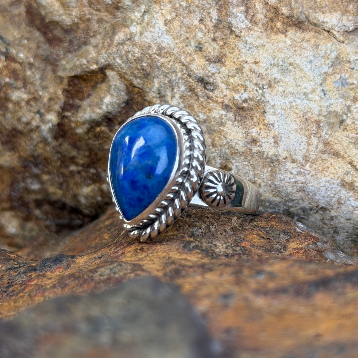 Denim Lapis Teardrop Sterling Silver Ring by Artie Yellowhorse, hallmark view