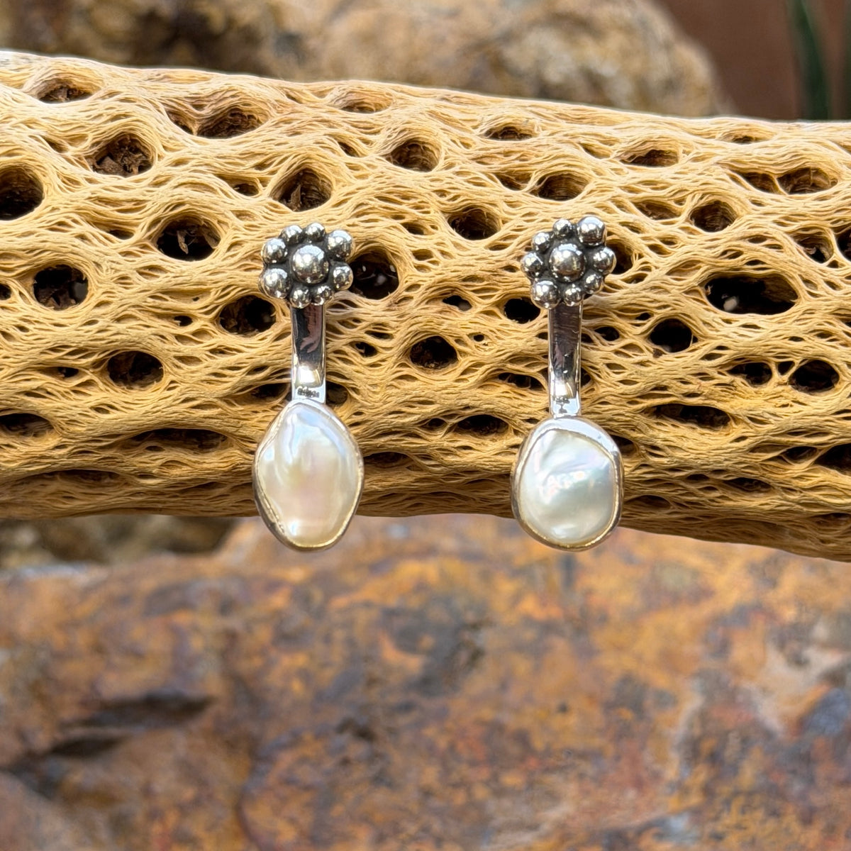 Freshwater pearl drop earrings with silver bead cluster studs by Bernyse Chavez