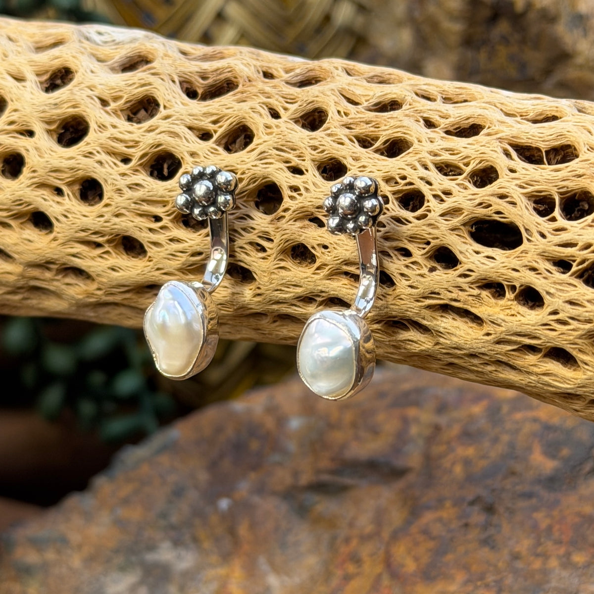 Bernyse Chavez earrings showing detachable pearl drops and beaded studs