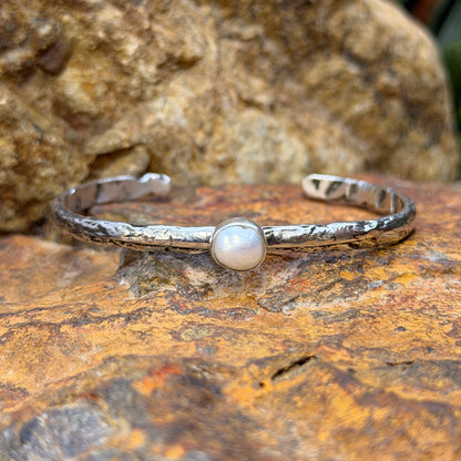 Forged Sterling Silver Cuff with Fresh Water Pearl by Ray Coriz