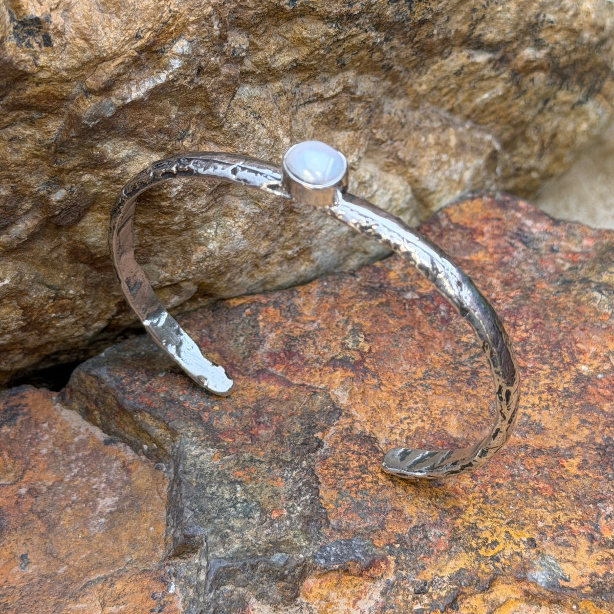 Forged Sterling Silver Cuff with Fresh Water Pearl by Ray Coriz