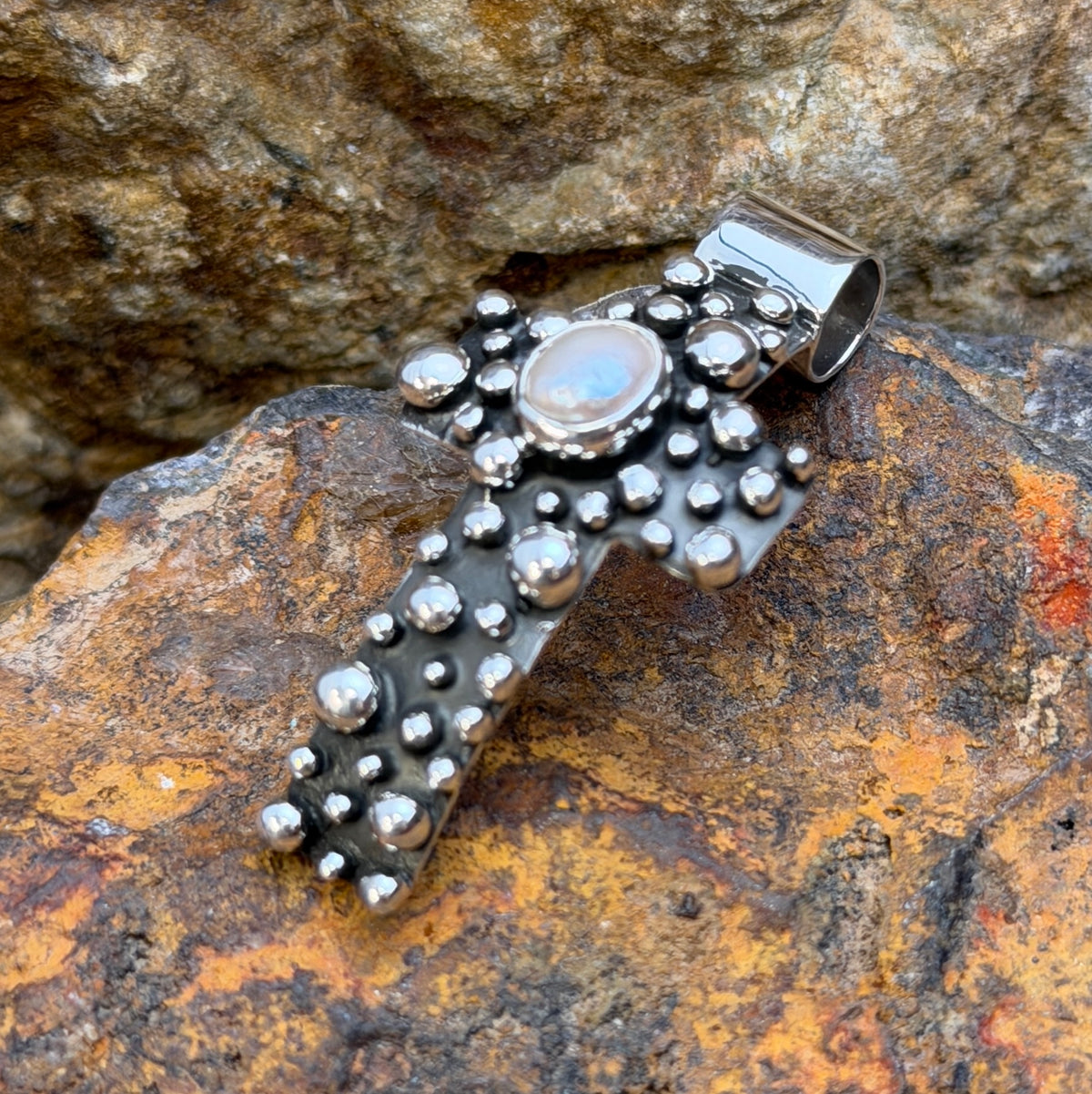 Million Drops freshwater pearl cross pendant, front view