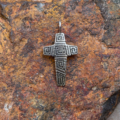 Sterling silver geometric cross pendant by Elgin Tom, front view
