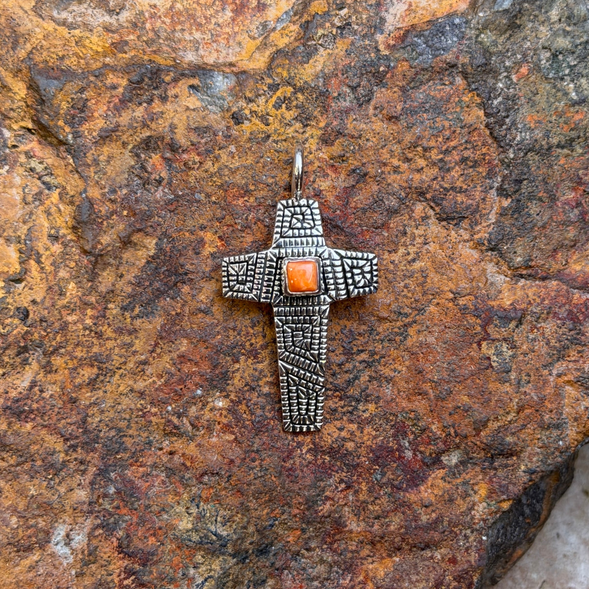 Elgin Tom sterling silver geometric cross with orange spiny oyster, front view