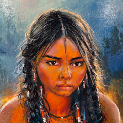 Artistic depiction of a person with braided hair against a natural background