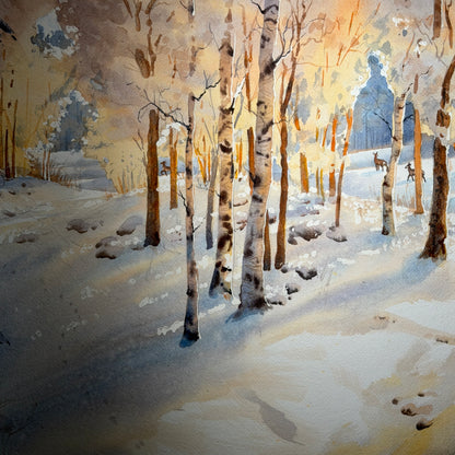 Winter landscape with snow-covered trees and a building in the distance.