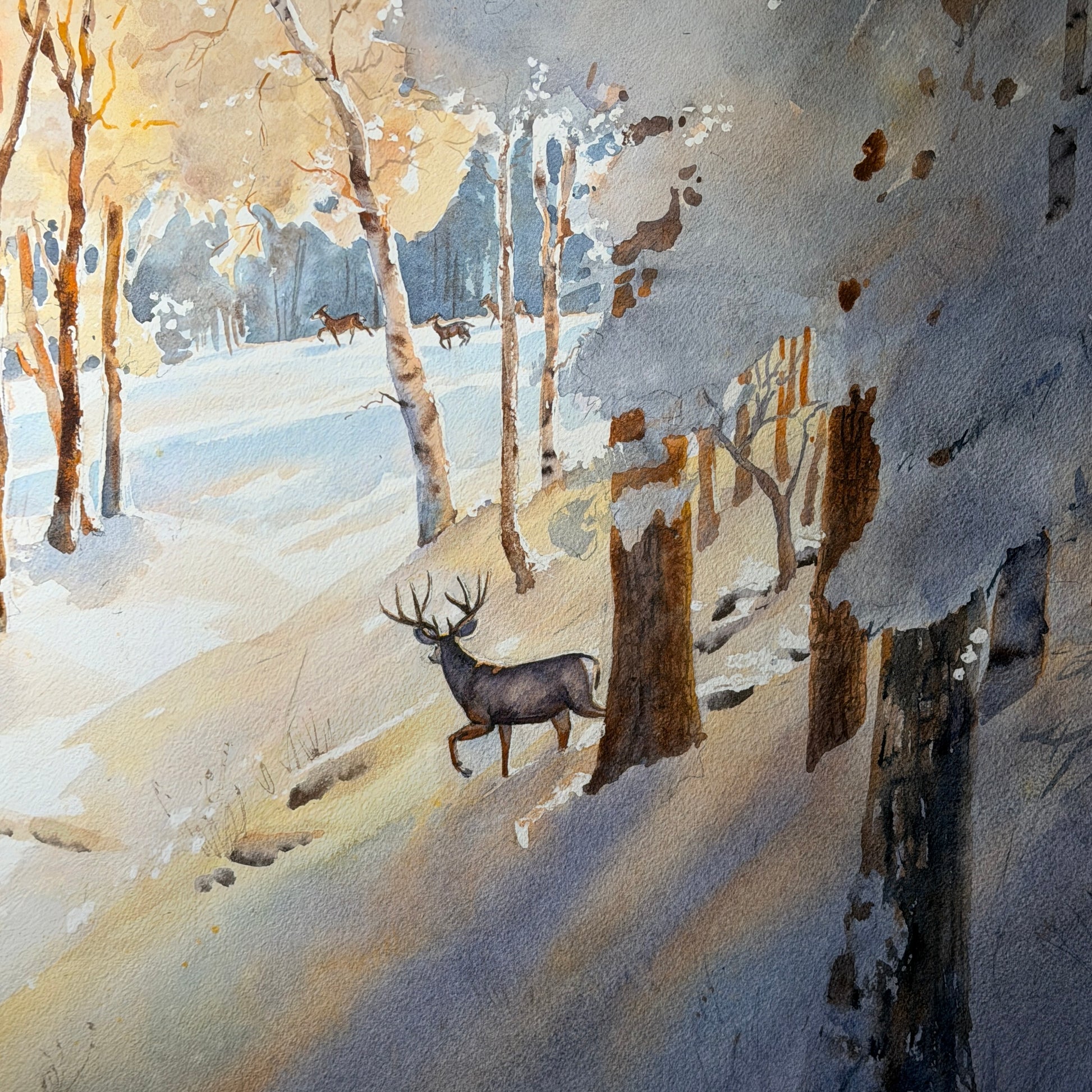 Winter landscape with deer in a snowy forest